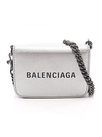 Balenciaga Balenciaga Cash Mini Wallet Chain Grained Leather Tri-fold Women's Silver Tone 618145 (view 1)