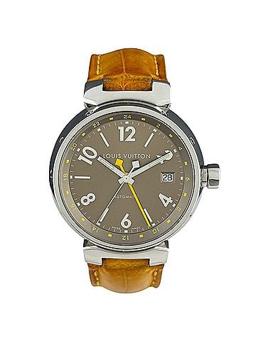 Louis Vuitton Louis Vuitton Tambour GMT Q1132 Watch, Stainless Steel, Leather Strap, Automatic, Brown, Men's (view 2)