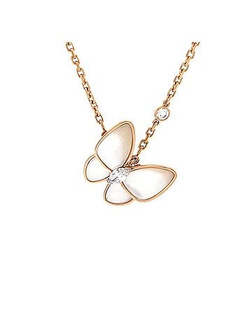 Van Cleef & Arpels Two Butterfly Pendant Necklace 18K Rose Gold with Mother of Pearl and Diamonds (view 1)