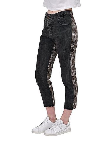 Monse  Layered Waistband Hybrid Cotton Denim and Plaid Wool Pants (view 1)