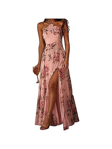 Lulus Romantic Marvel Pink Floral Halter Maxi Cocktail Dress (view 1)