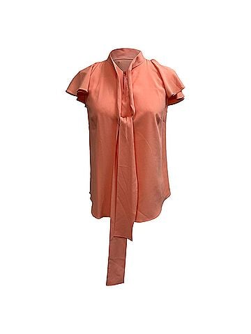 Oscar De La Renta Oscar De La Renta Tie Neck Short Sleeve Blouse in Coral Silk (view 1)