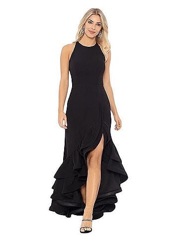 Betsy & Adam Scuba Crepe Ruffle Slit Bottom Gown Cocktail Dress (view 1)