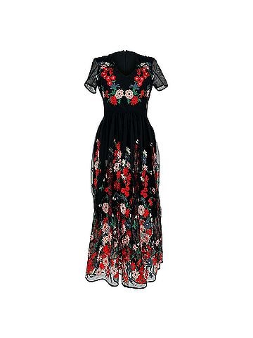 Maje Maje Raphael Floral-Embroidered Midi Dress in Black Polyester (view 1)
