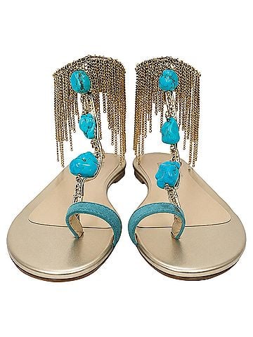 Jimmy Choo Jimmy Choo Fringed Chain Accent Flat Sandals in Gold Leather (view 2)