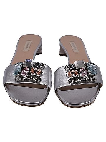 Casadei Casadei Crystal-Embellished Slide Sandals in Metallic Silver Leather (view 2)