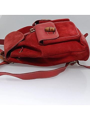 Gucci Vintage Bamboo Suede And Leather Red Suede Backpack Bag (view 2)