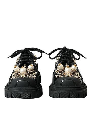 Dolce & Gabbana Black Leather Trekking Derby Embellished Women's Shoes (view 1)
