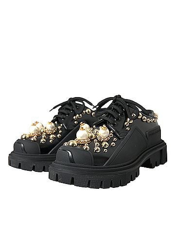 Dolce & Gabbana Black Leather Trekking Derby Embellished Women's Shoes (view 2)