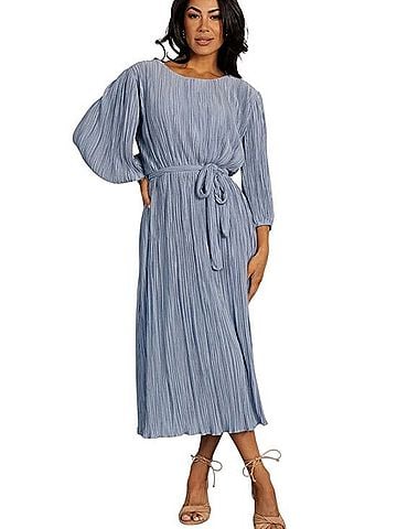 Baltic Born Dusty Blue Pleated Midi Dress with Tie Waist Casual Dress (view 1)