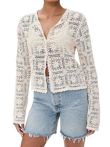 FRAME Crochet Granny Square Button-Front Cardigan Top Cardigan (view 1)