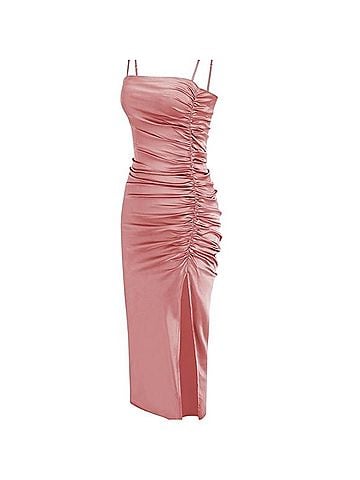 Cider Solid Satin Split Midi Dress Casual Dress (view 1)