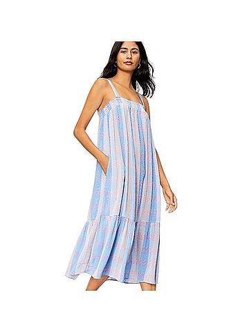 Ann Taylor LOFT Plaid Smocked Midi Dress Casual Dress (view 1)