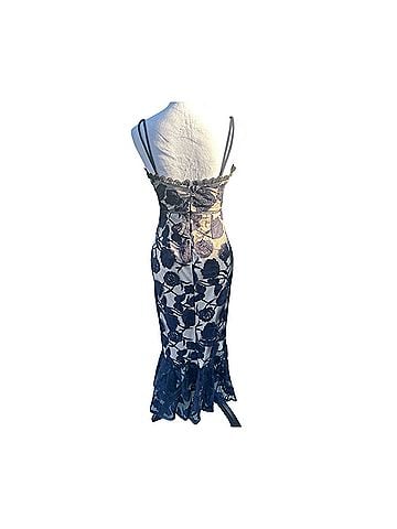 Lulus Alluring Dream Navy Blue Floral Mesh Lace Trumpet romantic glam midi Cocktail Dress (view 2)