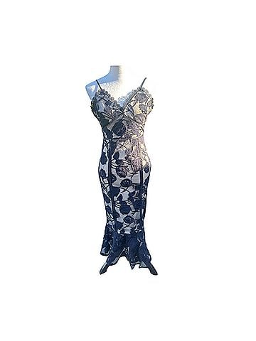 Lulus Alluring Dream Navy Blue Floral Mesh Lace Trumpet romantic glam midi Cocktail Dress (view 1)