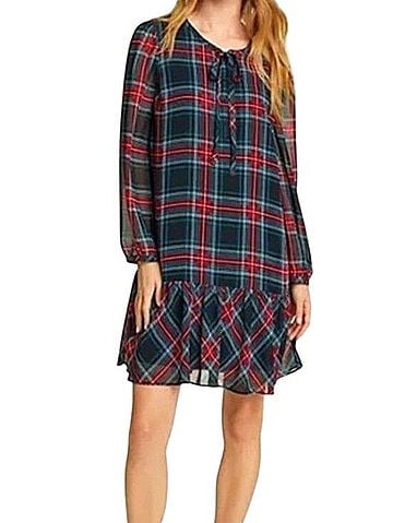 Draper James Plaid Tie Neck Flounce Shift Dress Casual Dress (view 1)