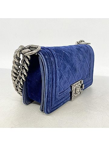 Chanel Chanel Boy Chain Shoulder Bag, Suede, Navy, Women's, OP018925 (view 2)