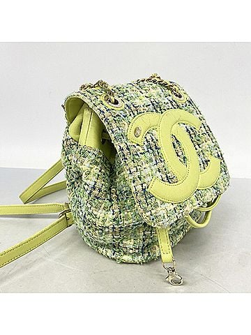 Chanel Chanel Backpack/Daypack with Chain Shoulder Strap, Tweed, Green Champagne, Women's, OP011736 (view 2)