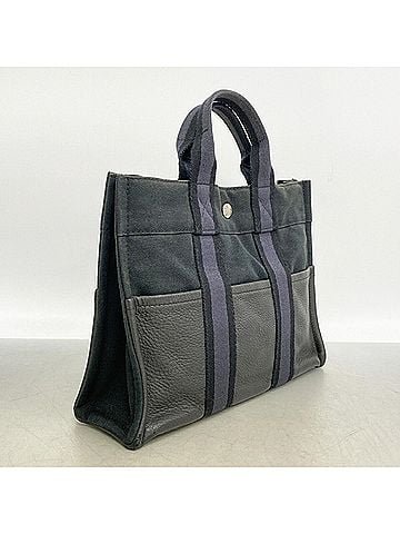 Hermès Hermes Fourre-Tout PM Half Leather Canvas Handbag, Black, Women's (view 2)