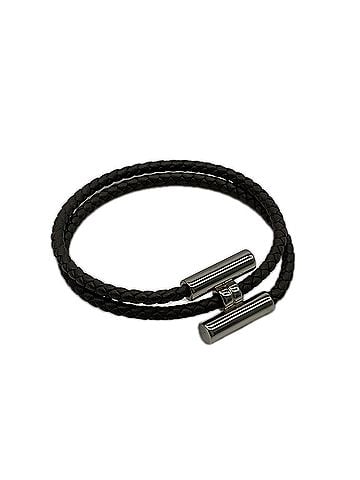 Hermès HERMES Tournis Tresse Bracelet, Brown Silver Leather Stainless Steel, Men's (view 1)