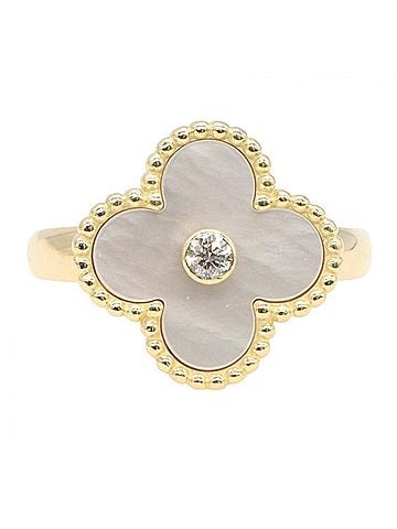 Van Cleef & Arpels Van Cleef &amp; Arpels Vintage Alhambra Mother of Pearl 1PD Ring - 18K (Yellow Gold) Diamond Men's Women's Gold Tone, Clear White Tone VCARA41100 (view 2)