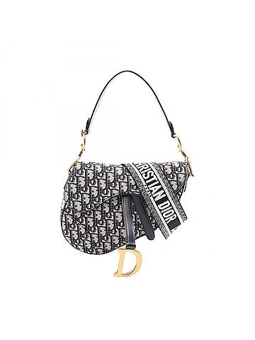 Christian Dior Christian Dior Dior Saddle Bag Oblique 2-Way Handbag, Canvas and Leather, Women's, Ivory/Navy (view 1)