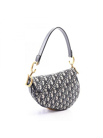 Christian Dior Christian Dior Dior Saddle Bag Oblique 2-Way Handbag, Canvas and Leather, Women's, Ivory/Navy (view 2)
