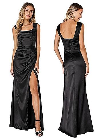 Lulus Stunning Arrival Black Satin Off Shoulder Maxi Cocktail Dress (view 1)