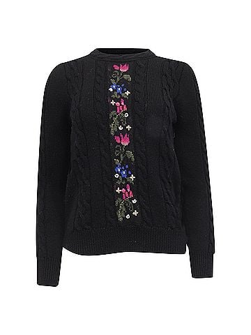 Saint Laurent Saint Laurent Floral Cable Knit Sweater in Black Wool (view 1)