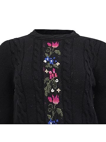 Saint Laurent Saint Laurent Floral Cable Knit Sweater in Black Wool (view 2)