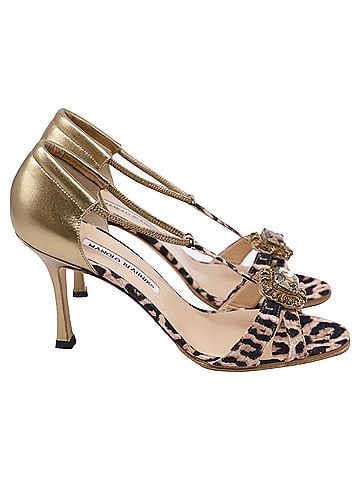 Manolo Blahnik Manolo Blahnik Drina Leopard Crystal-Embellished Sandal Heels in Gold Leather (view 1)
