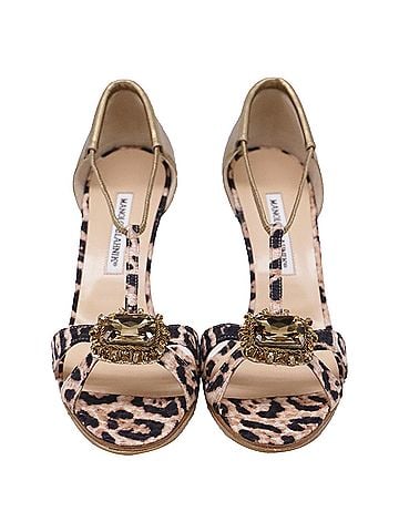 Manolo Blahnik Manolo Blahnik Drina Leopard Crystal-Embellished Sandal Heels in Gold Leather (view 2)