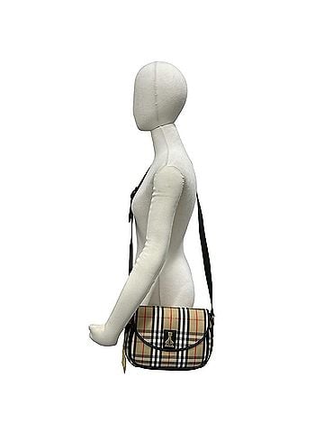 Burberry Burberrys Vintage Nova Check Pattern Canvas Leather Shoulder Bag, Beige/Black, 60270 (view 2)