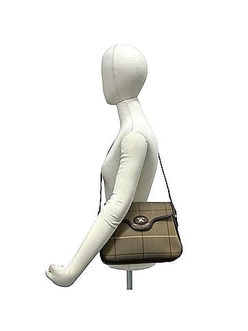 Burberry Burberrys Shadow Horse Logo Nova Check Pattern Canvas Leather Shoulder Bag, Khaki Brown, 22164 (view 2)