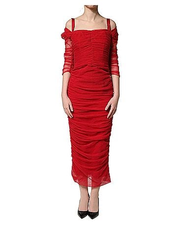 Dolce & Gabbana Red Cotton Ruched Stretch Tulle Midi Women's Dress (view 2)