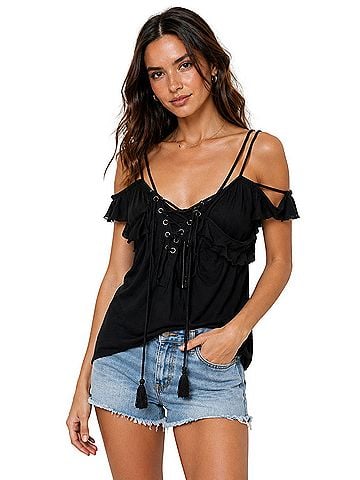 Romeo & Juliet Couture Black Lace-Up Ruffle Blouse T-Shirt (view 1)