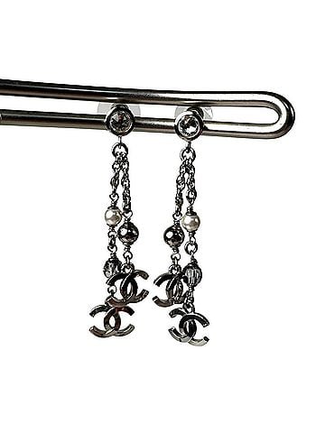 Chanel Chanel Coco Mark Long Drop Earrings (Pair) with Rhinestones and Pearls, C24K Gold, for Women (view 1)