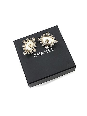 Chanel Chanel Coco Mark Faux Pearl Rhinestone Earrings, Gold &amp; White, B19C (view 2)