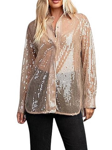 Glam Sequin Collard Button Down Shirt in Taupe (view 2)