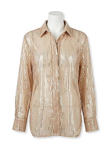 Glam Sequin Collard Button Down Shirt in Taupe (view 1)
