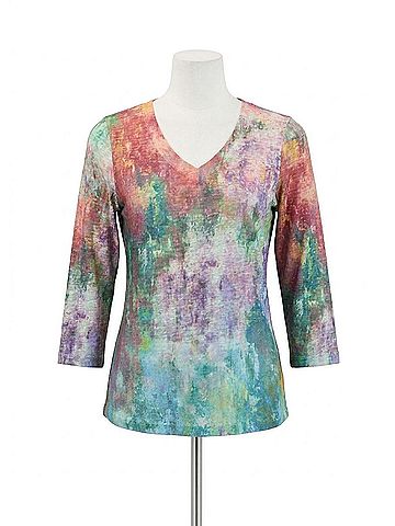 FDJ Three-Quarter Sleeve V-Neck Top in Green Multi (view 1)