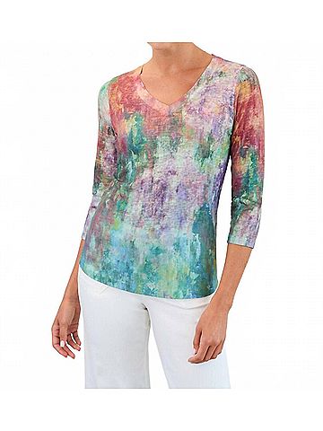 FDJ Three-Quarter Sleeve V-Neck Top in Green Multi (view 2)
