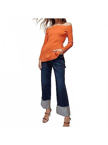 Veronica Beard Derick Ribbed Off-Shoulder Pullover Tee in Deep Orange (view 2)