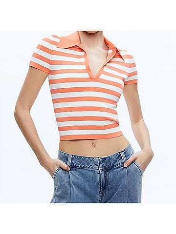 Alice + Olivia Martha Striped Polo in Coral/Soft White (view 2)