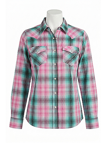 Wrangler Jeans Co Women's Vintage Denim Snap Shirt in Pink/Green (view 1)