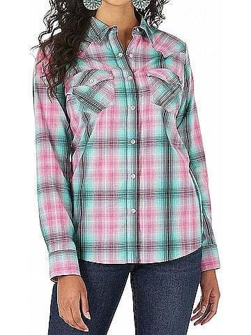 Wrangler Jeans Co Women's Vintage Denim Snap Shirt in Pink/Green (view 2)