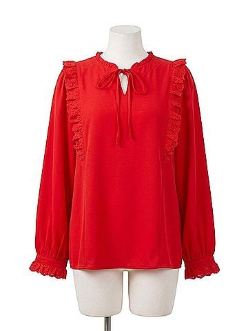 Cotton Bleu Lace Trim Ruffle Top in Red (view 1)