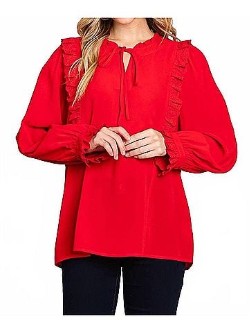 Cotton Bleu Lace Trim Ruffle Top in Red (view 2)