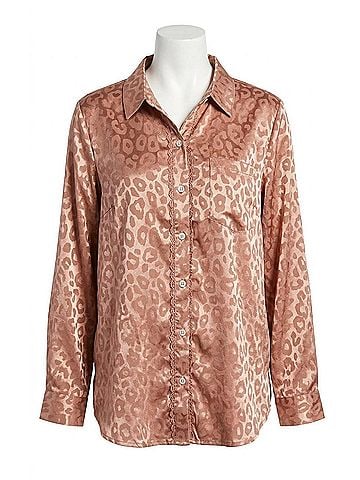 Hem & Thread Silky Animal Print Shirt With Crochet Trim in Apricot (view 1)