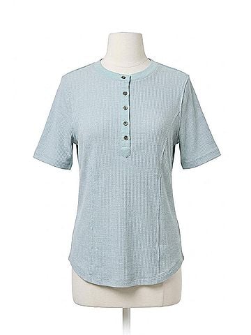 Doe & Rae Striped Contrast Hem Henley Top in Seafoam (view 1)